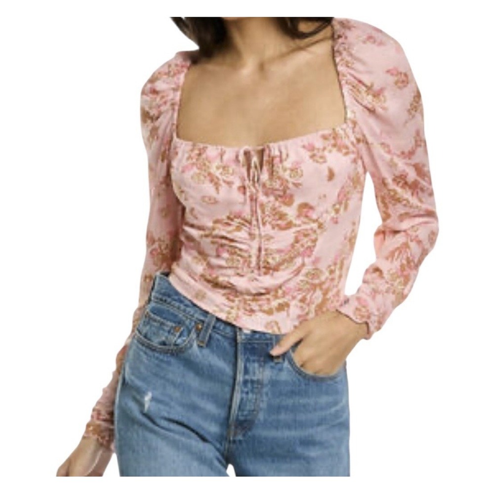 Free‎ People Top Women's Small Peasant Pink Floral Long Sleeve Bohemian New